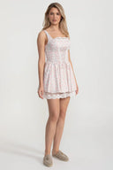 Sleeveless Summer Dress With Pink Floral Pattern And Lace-Up Front Detailing - White