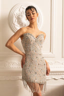 Patterned Strapless Dress With Fringe Detailing at Hem - Silver
