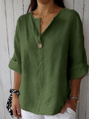 Emery linen button-down blouse with V-neck and roll tab sleeves, view 8