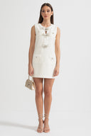 Textured Sleeveless Dress With Metal Embellished Bows - White