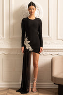 Asymmetrical Fitted Dress With White Hip Embellishments And Sheer Floor-Length Extension - Black