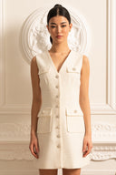 Textured Sleeveless Dress With Pearl Button Accents  - White