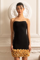 Sophisticated Evening Dress With Golden Roses At Hemline - Black