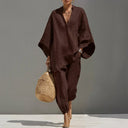 Odile two-piece set with V-neck batwing blouse and wide pants, view 7