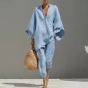 Odile two-piece set with V-neck batwing blouse and wide pants, view 6