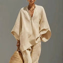 Odile two-piece set with V-neck batwing blouse and wide pants, view 3