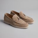 Colby beige buckle loafers for men with apron toe stitching