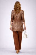 Nyla brown three piece trouser set with patterned cardigan and long-sleeve top, view 2
