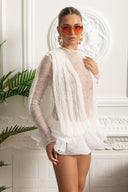 Delicate Long Sleeve Lace Dress with Ruffled Hem and Open Drape Front - White