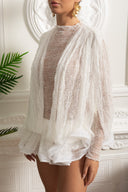 Delicate Long Sleeve Lace Dress with Ruffled Hem and Open Drape Front - White