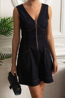 Sleeveless A-Line Dress with Topstitching and Deep V-Back - Dark Denim