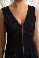 Sleeveless A-Line Dress with Topstitching and Deep V-Back - Dark Denim