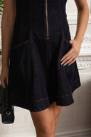 Sleeveless A-Line Dress with Topstitching and Deep V-Back - Dark Denim