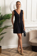 Sleeveless A-Line Dress with Topstitching and Deep V-Back - Dark Denim