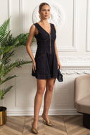 Sleeveless A-Line Dress with Topstitching and Deep V-Back - Dark Denim