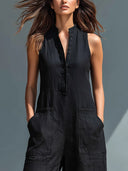 Stevie black sleeveless jumpsuit with mandarin collar and button front, view 3