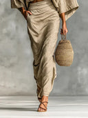 Piper khaki two-piece set with batwing sleeve top and long skirt, view 3