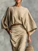 Piper khaki two-piece set with batwing sleeve top and long skirt, view 2