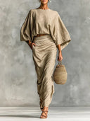 Piper khaki two-piece set with batwing sleeve top and long skirt