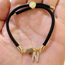 Initial Bracelet A to Z for Women, Black Cord with Gold Letter and Heart Charm