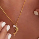 Shark Pendant Necklace, Stainless Steel with Natural Stone Charm, Gold or Silver