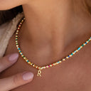 Initial Bead Necklace A to Z, Rainbow Letter Necklace with Stainless Steel Charm