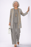 Ilka grey and gold patterned 3 piece set with longline cardigan