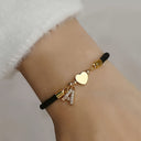 Initial Bracelet A to Z for Women, Black Cord with Gold Letter and Heart Charm