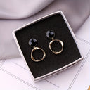 Black Stone Dangle Earrings, Vintage Gold Twisted Circle Earrings