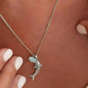 Shark Pendant Necklace, Stainless Steel with Natural Stone Charm, Gold or Silver