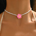 Plumeria Flower Bead Necklace, Hawaiian Seed Bead Necklace, White, Blue or Pink