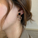 Black Stone Dangle Earrings, Vintage Gold Twisted Circle Earrings
