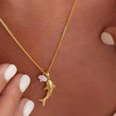 Shark Pendant Necklace, Stainless Steel with Natural Stone Charm, Gold or Silver
