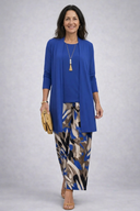 Flick blue 3 piece set with open cardigan and abstract print wide-leg trousers