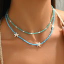 Turquoise Starfish Layered Choker Necklace, Beaded Beach Necklace for Women