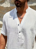 Burleigh Men's Mandarin Collar Half-Button Summer Shirt, view 35