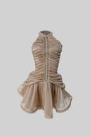 Sleeveless Halter Dress with Pearl Accents - Nude
