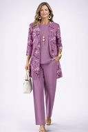 Aurea purple 3 piece set with patterned cardigan and round neck top