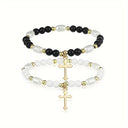 Cross Bead Bracelet Set of 2, Black and White Beaded Bracelets for Women