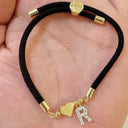 Initial Bracelet A to Z for Women, Black Cord with Gold Letter and Heart Charm