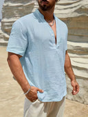 Burleigh Men's Mandarin Collar Half-Button Summer Shirt, view 10