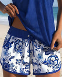 Bronwyn blue printed tankini top with swim shorts, view 3