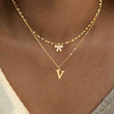 Bow and Initial Necklace Set A to Z, 2 Layered Gold Stainless Steel Necklaces