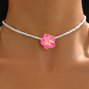 Plumeria Flower Bead Necklace, Hawaiian Seed Bead Necklace, White, Blue or Pink