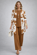 Abril brown 3 piece set with floral cardigan, inner top and wide-leg trousers