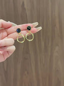 Black Stone Dangle Earrings, Vintage Gold Twisted Circle Earrings