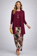 Vida burgundy 3 piece set with open cardigan and abstract print wide-leg trousers
