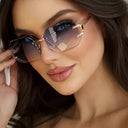 Cannes rimless rectangle sunglasses with gold temples and grey gradient lenses, view 8