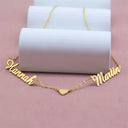 Couple Name Necklace, Two Custom Names with Heart Charm, 18K Gold Plated Stainless Steel