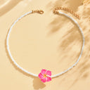 Plumeria Flower Bead Necklace, Hawaiian Seed Bead Necklace, White, Blue or Pink